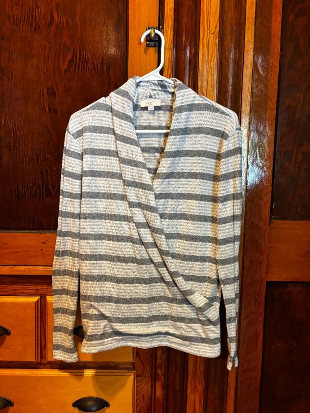 LOFT Gray & White Striped‎ Faux Wrap Sweater Long Sleeve V-Neck Size Small